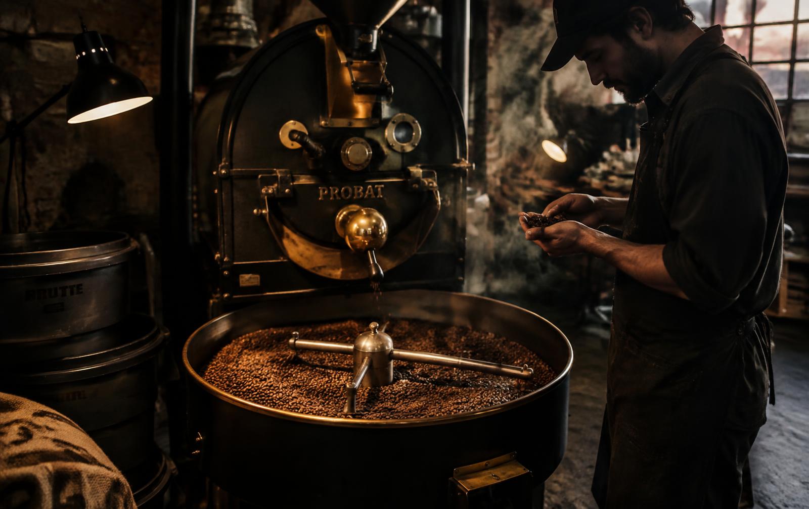 Small batch drum roaster in a dark roastery